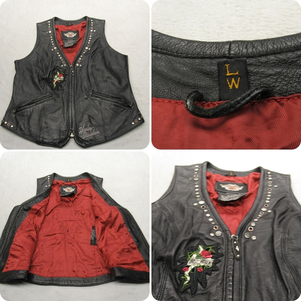 Harley Davidson Vest‎ Women Large Black Heavy Leather Motorcycle Classic VINTAGE